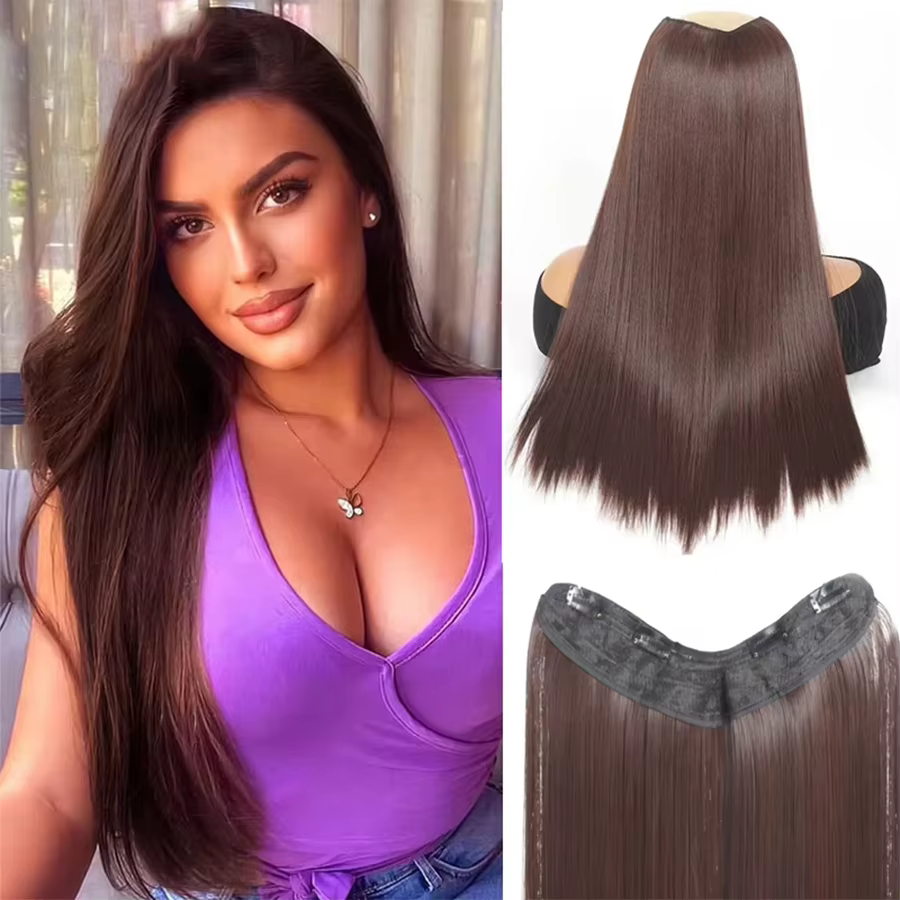 Perruque synthétique longue et droite en forme de V, demi-perruque adaptée aux femmes, avec clip pou