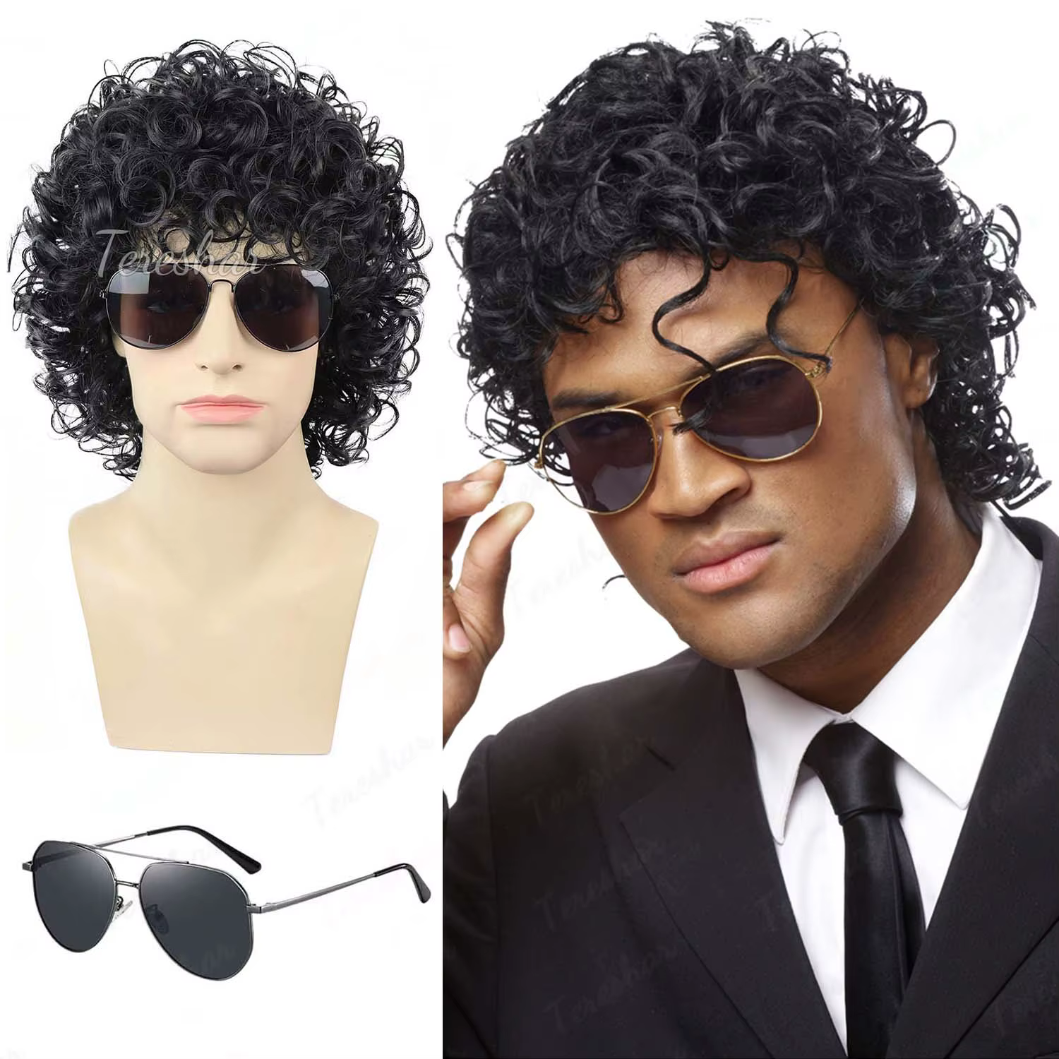 Perruque courte noire bouclée style rocker disco avec lunettes, perruque effet mouillé pour garçons,