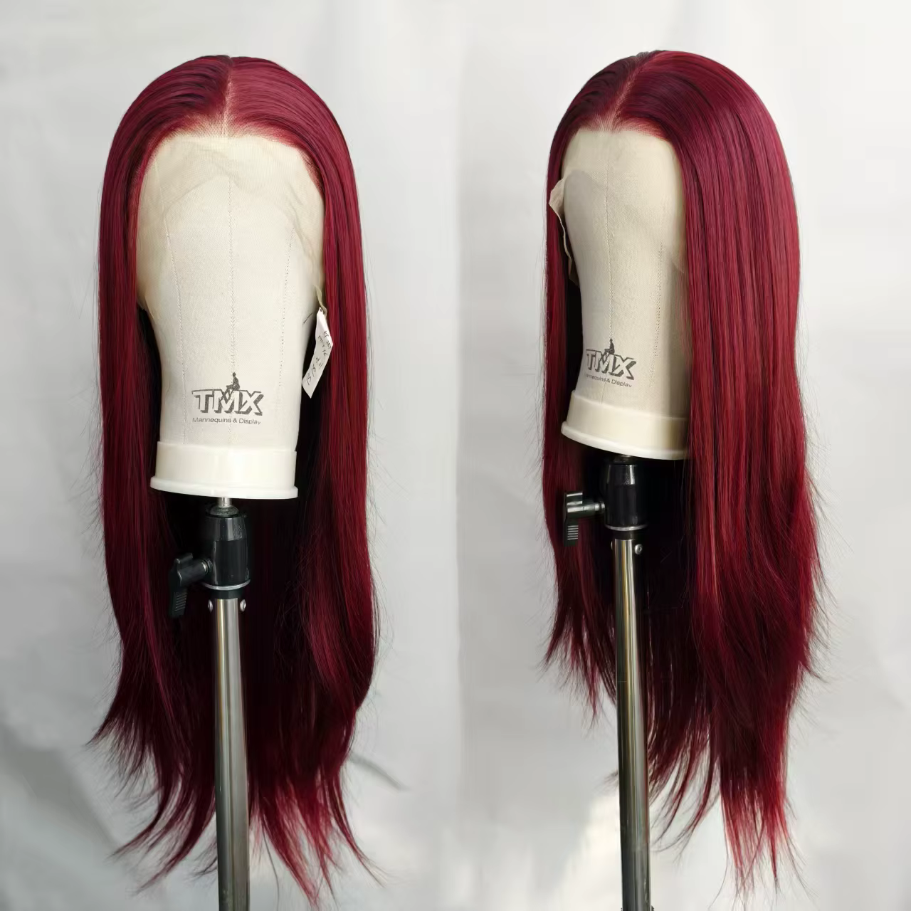 Perruque Lace Front Rouge Vin Pré-Pluckée, Lisse Naturelle, en Fibre Synthétique Résistante à la Cha