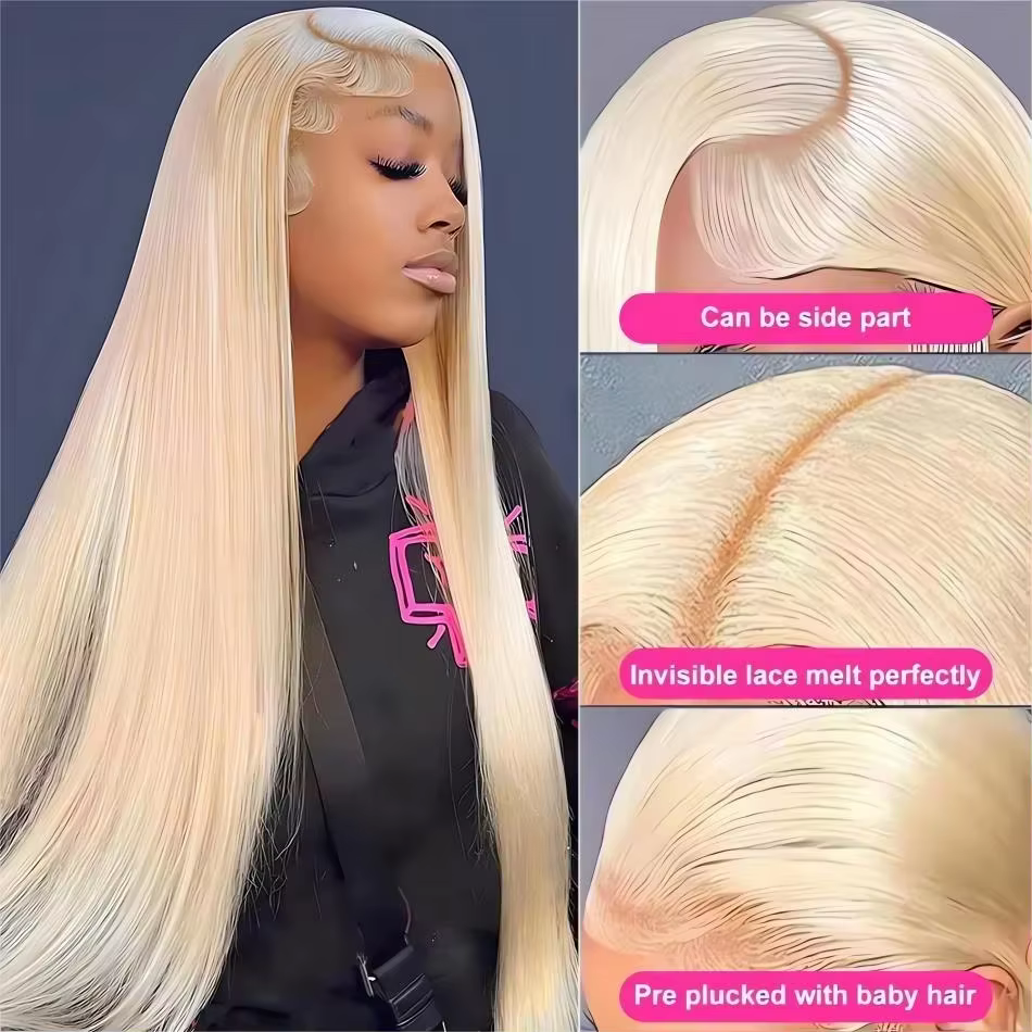 Perruques blondes 613 transparentes, perruque frontale en dentelle de 46 pouces, cheveux raides, den