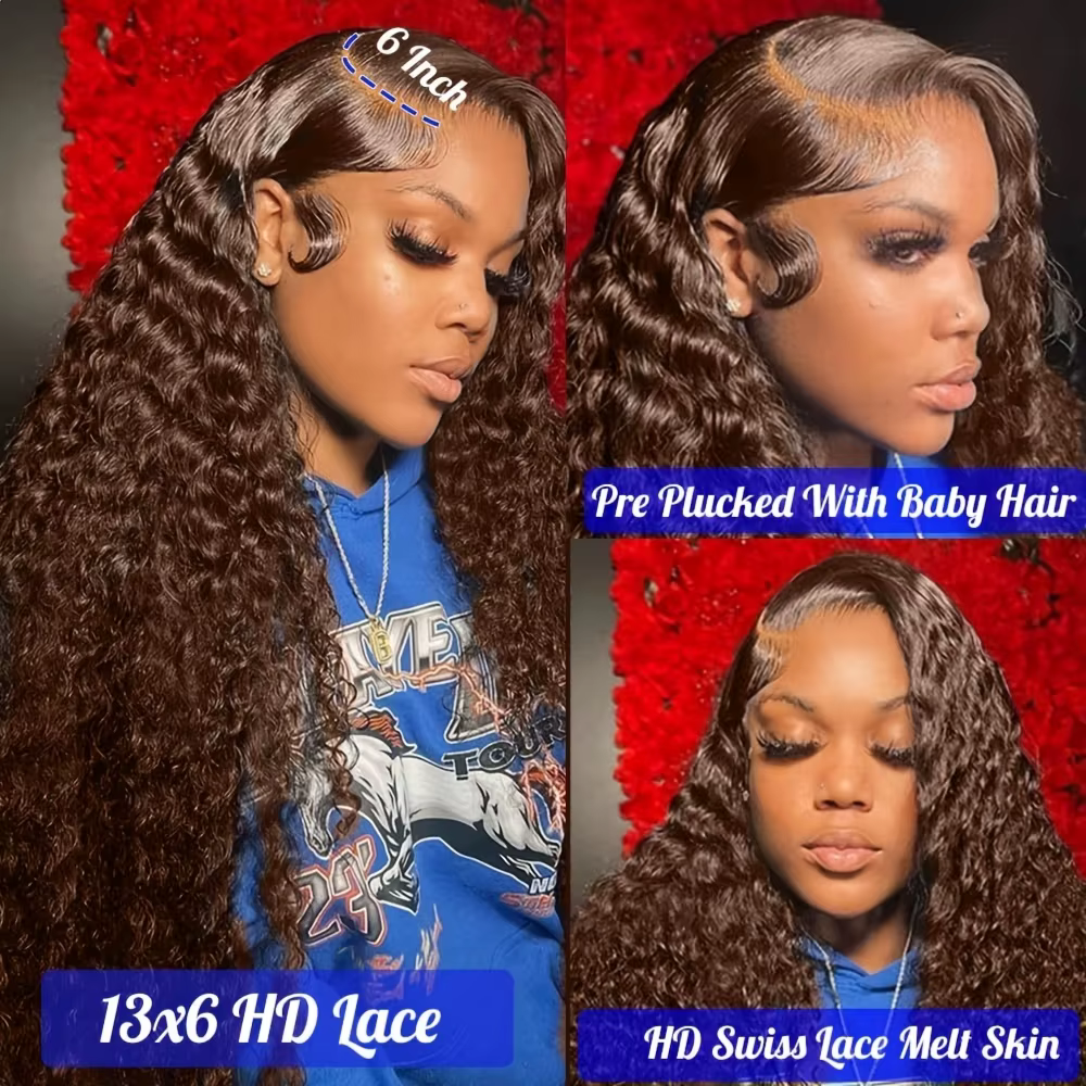 Perruque Lace Front Wig naturelle brune chocolat ondulée, cheveux humains ondulés, 13x6, densité 220