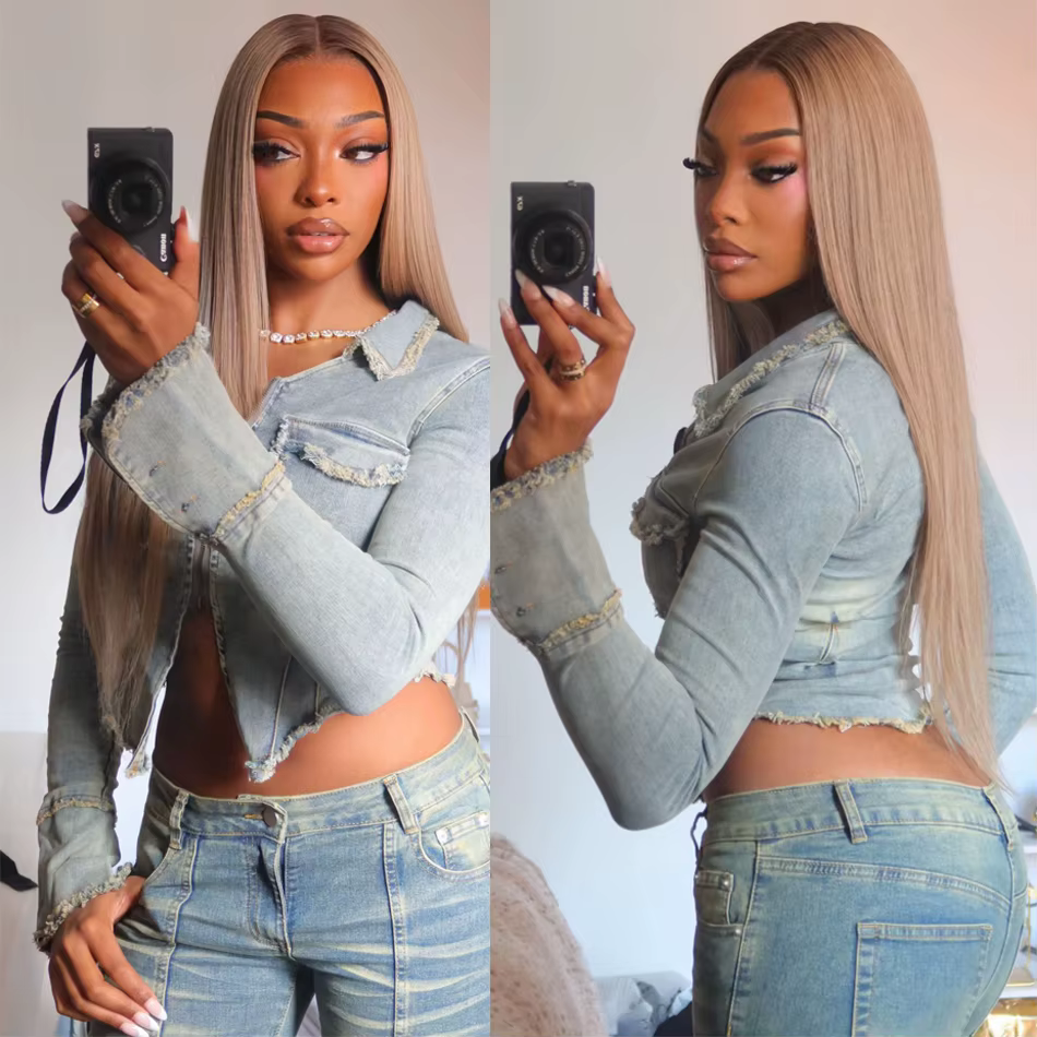 Perruques Tuneful Professionnelles en Cheveux Humains Blond Cendré Ombré et Blond Foncé Mélangé, Lac