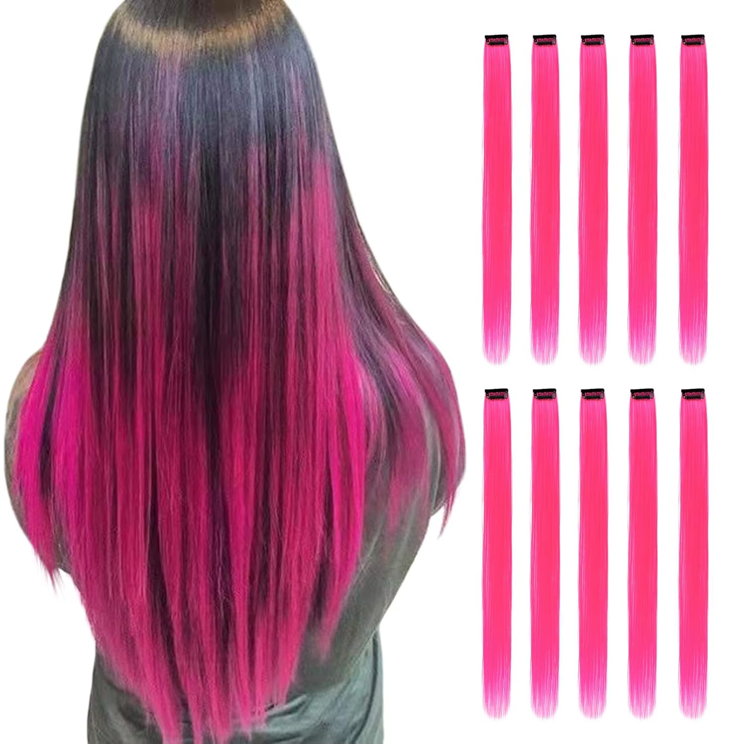 Extensions capillaires synthétiques noires longues et lisses, 10 pièces, postiches à reflets colorés