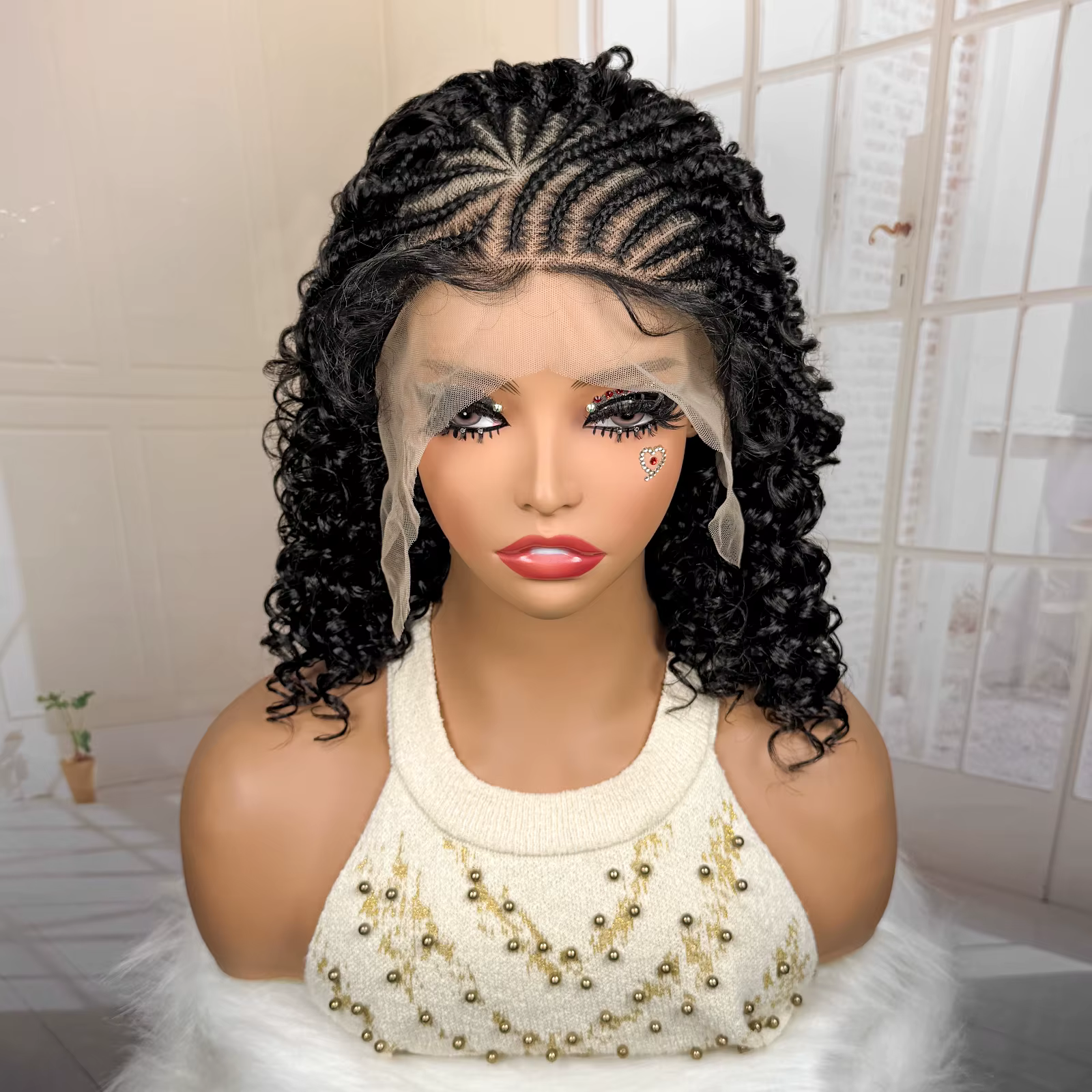 Perruques tressées synthétiques 13x4 avec dentelle frontale, cheveux bouclés, pré-tressées, faites à