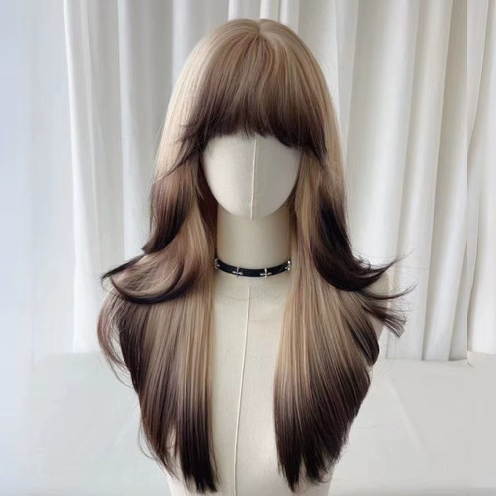 Perruque Synthétique Longue Droite avec Frange, Blonde Ombre Brune, Lolita Cosplay, Fluffy Heat Degr