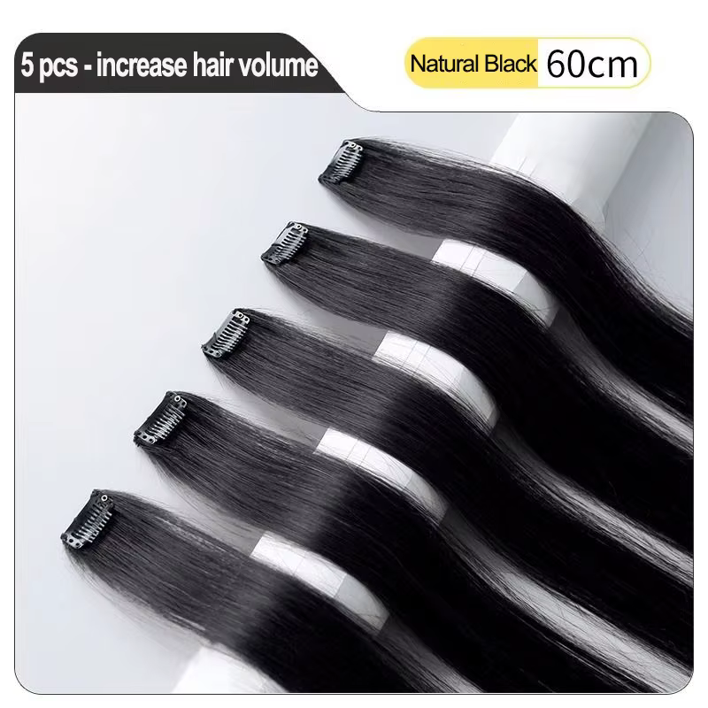 Extensions de cheveux synthétiques noires lisses de 24 pouces, clips pour cheveux, mèches de couleur