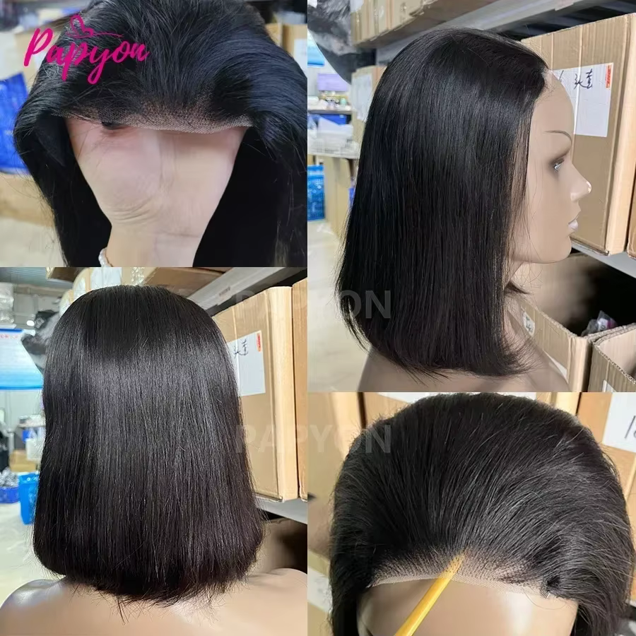 Perruque courte et droite, sans colle, prête à porter, en cheveux naturels, pré-coupée, avec cordon