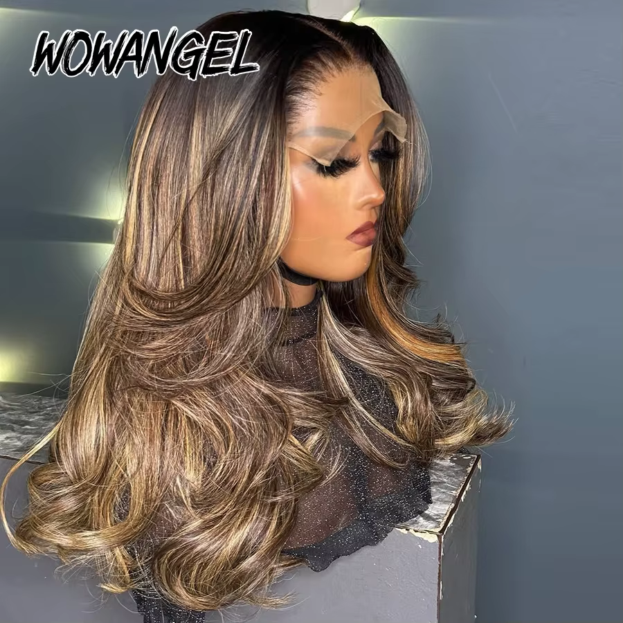 WOWANGEL Perruque Blonde Miel Balayage avec Mèches, Cheveux Humains Ondulés, Perruques Sans Colle en
