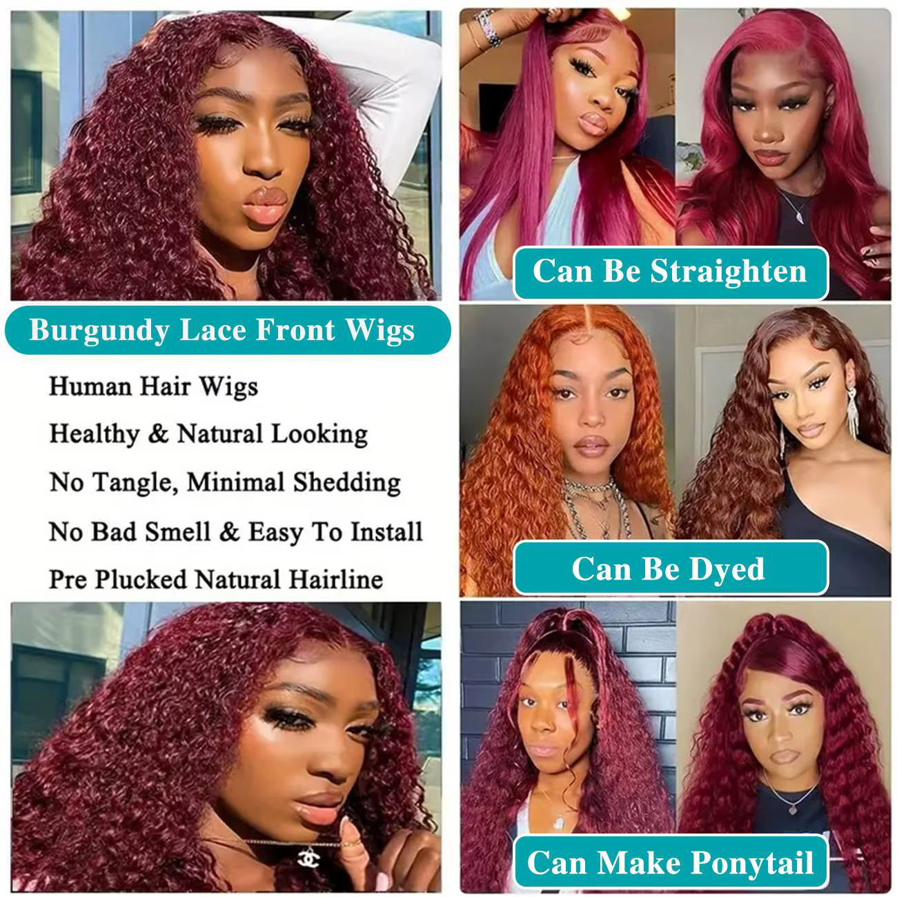 Perruque Lace Frontal Wig naturelle bouclée, cheveux humains, Deep Wave 99J, bordeaux, 13x4, HD, vin