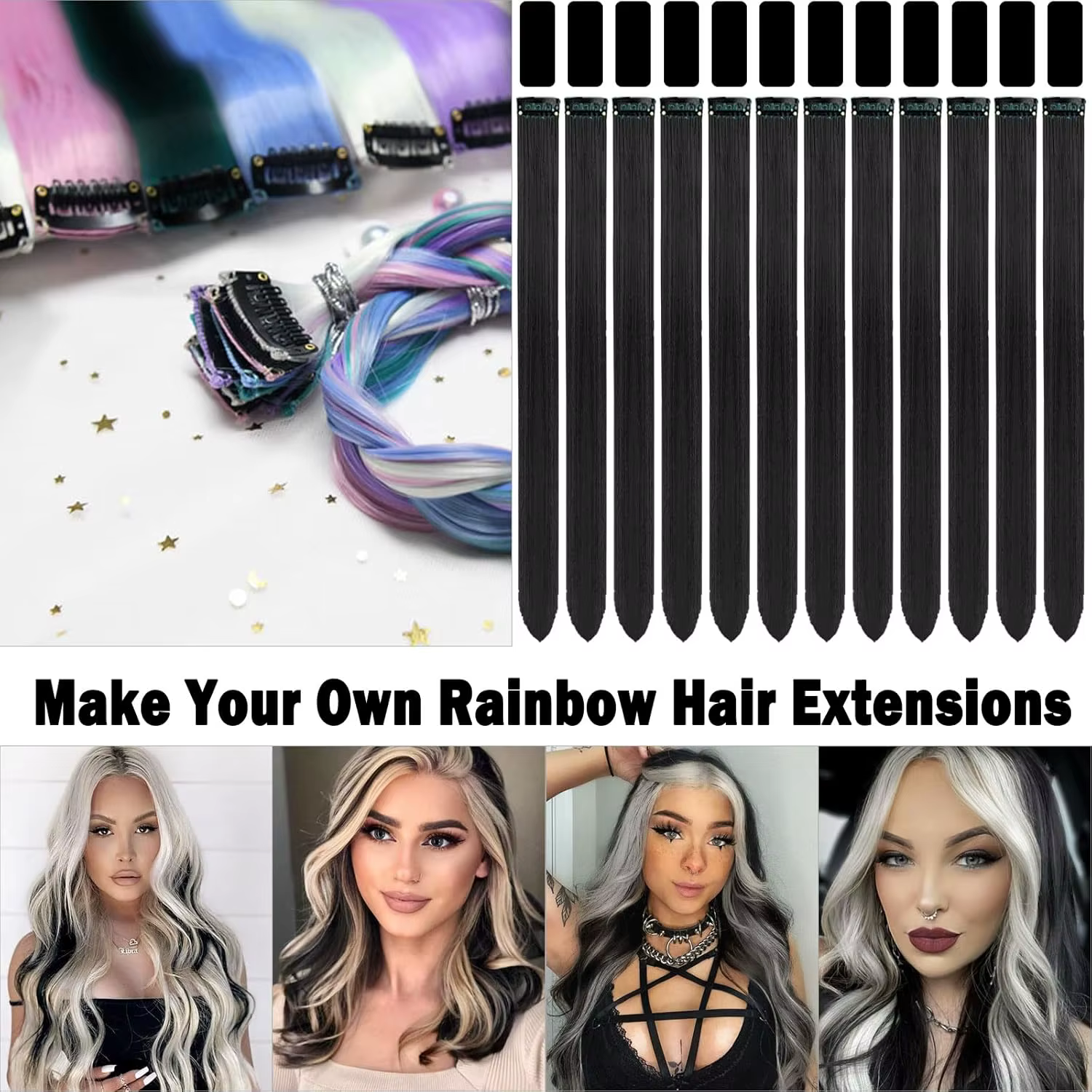 Extensions capillaires synthétiques noires longues et lisses, 12 pièces, postiches colorées à reflet
