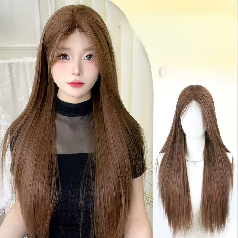 Perruques synthétiques pour femmes : cheveux longs et raides, brun clair, petite dentelle frontale, 