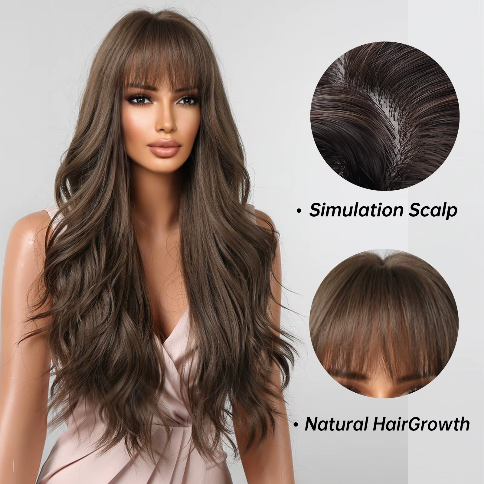 Perruques brunes ondulées avec frange pour femme, cheveux synthétiques naturels longs, degré de chal