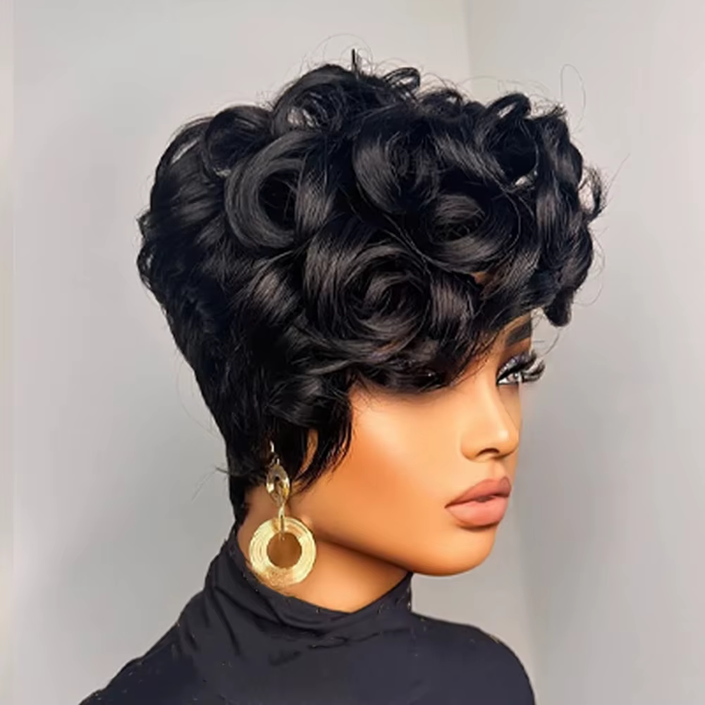 Perruque de cheveux humains coupe lutin 6 "en couches courtes bouclées lâches avec frange Remy cheve