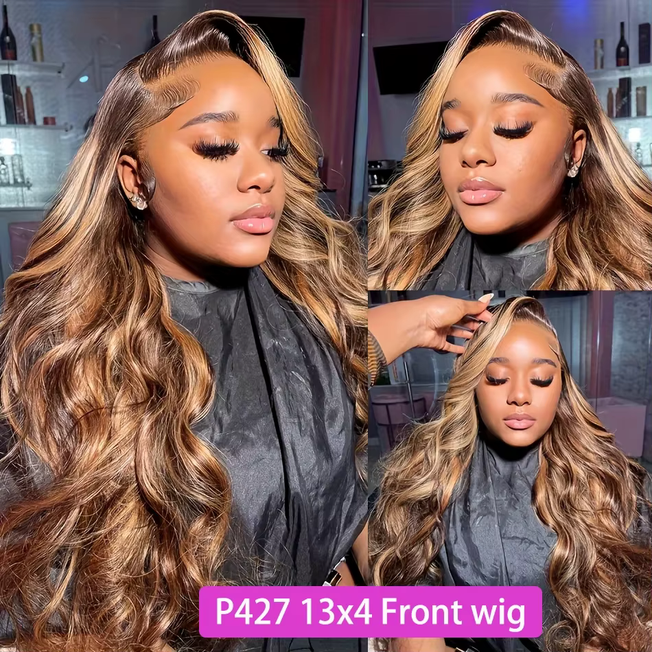 Perruque Lace Frontal Wig naturelle Body Wave ombrée, cheveux humains, 13x4, 13x6, blond miel P4/27,