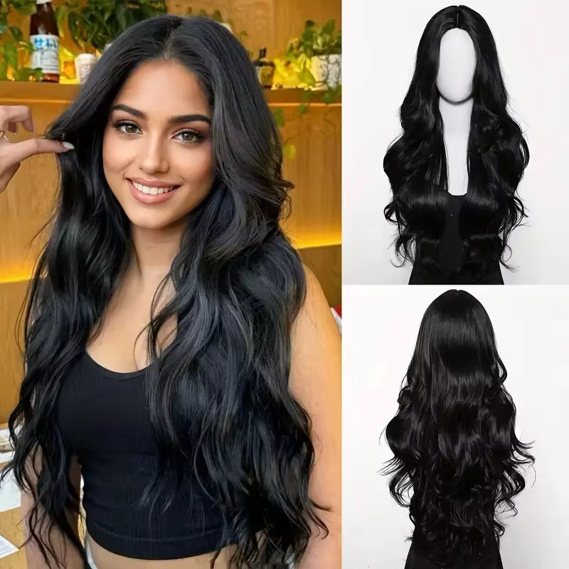Perruque synthétique noire avec coiffure longue ondulée séparée pour fête, cosplay d'Halloween, usag