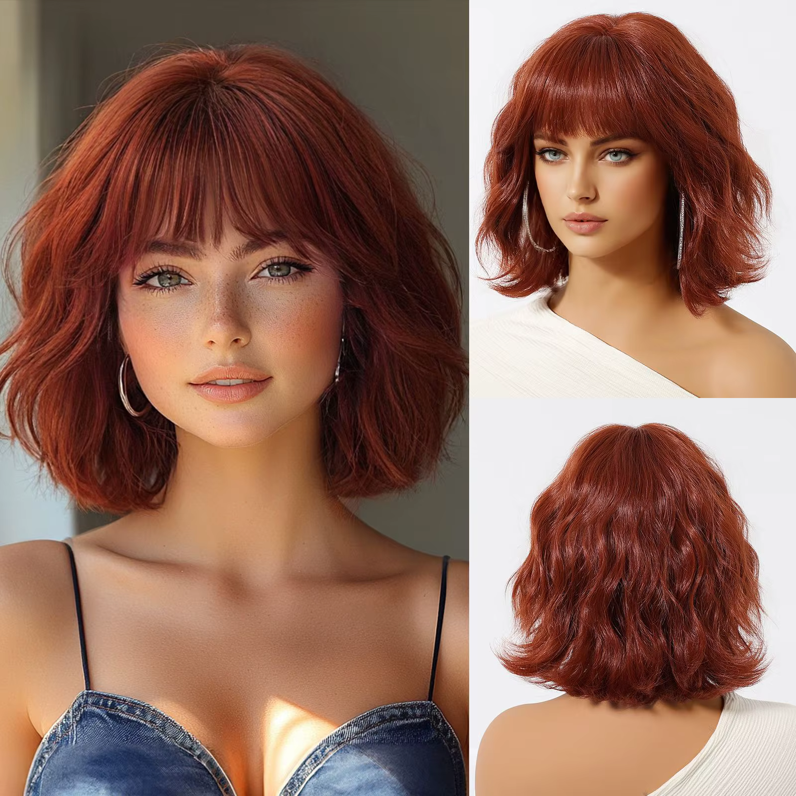 Helloween – perruque synthétique naturelle rouge, perruque Bob courte avec frange pour femmes, fête,