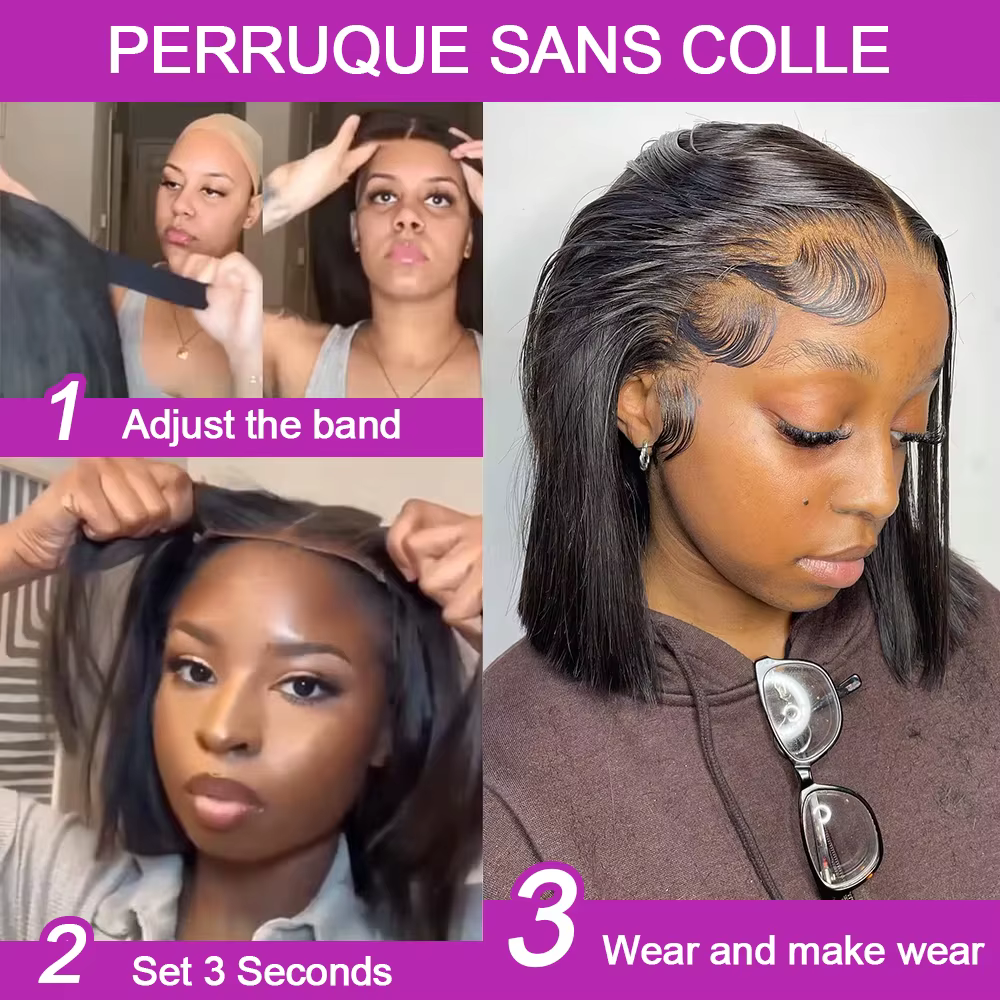 Perruques Courtes Bob en Cheveux Humains 13x6 Lisses comme des Baguettes Sans Colle HD Lace Front Wi