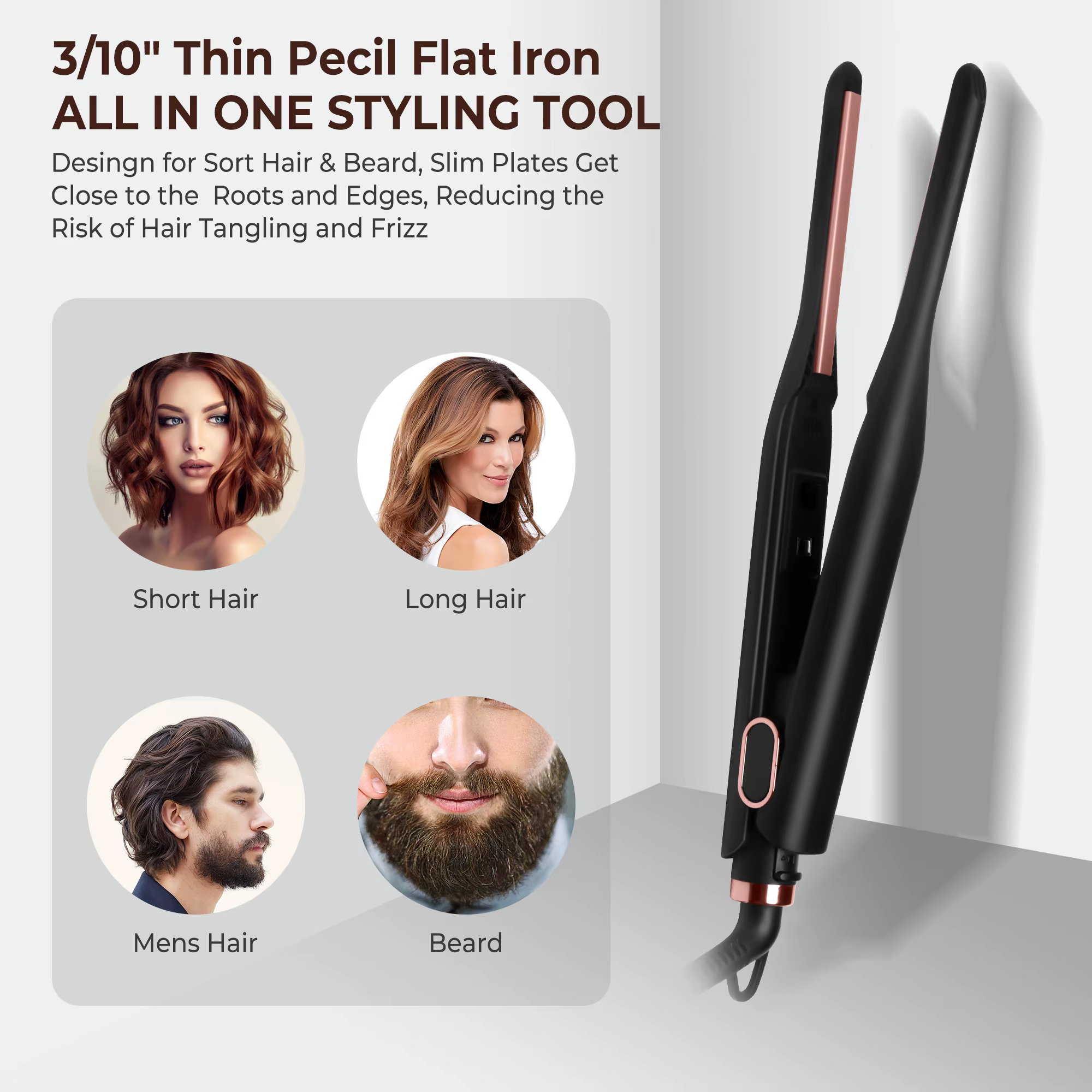 Petit fer plat pour cheveux courts, fer plat à crayon réglable à température, chauffage rapide, fer