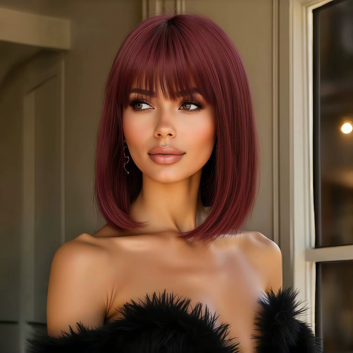 Perruque rouge bordeaux avec frange, perruque courte et droite style bob pour femme, perruque synthé