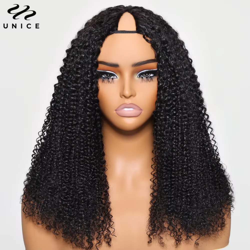 UNice crépus bouclés V partie perruque avec cordon 100% perruques de cheveux humains débutant adapté