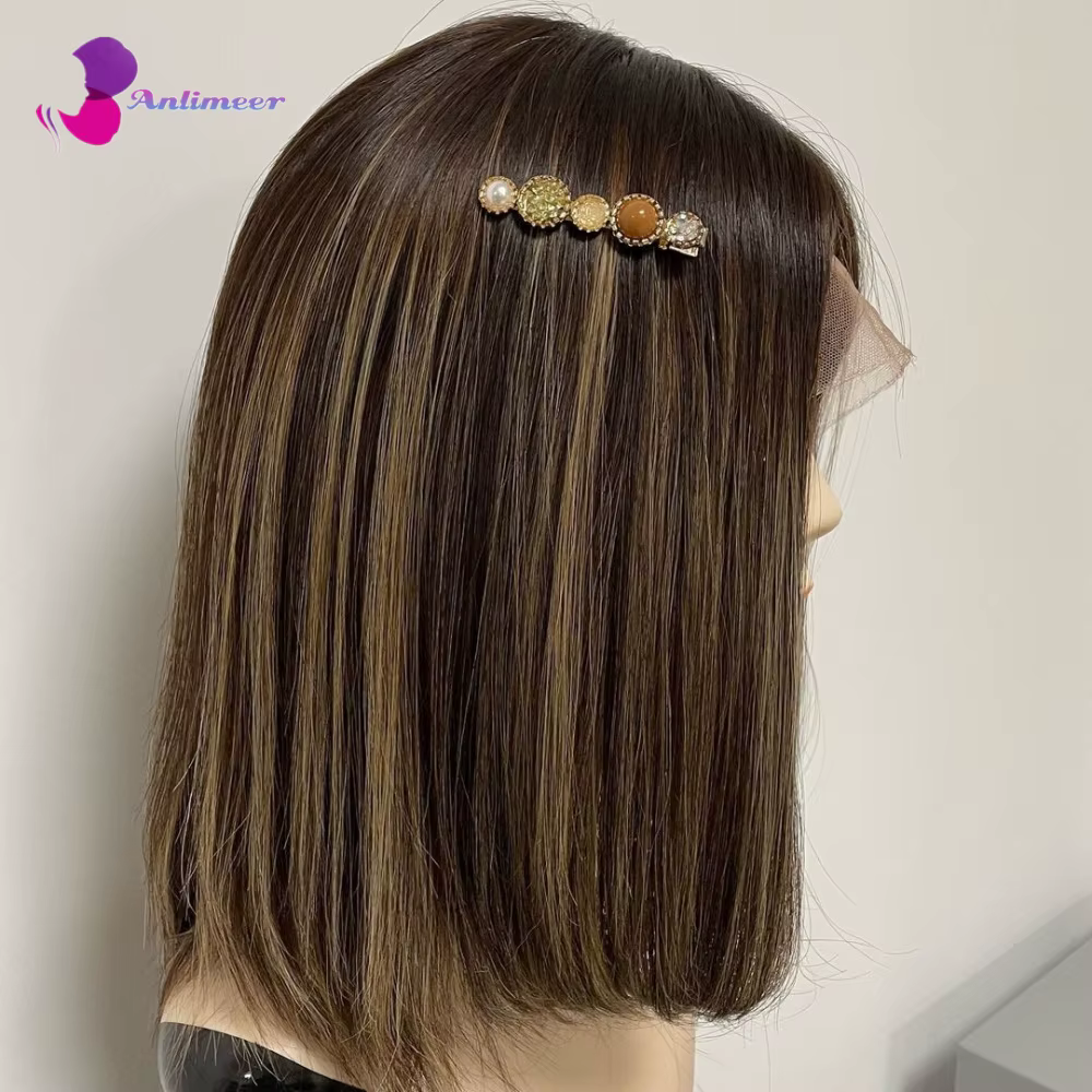 Perruque en cheveux naturels avec base en soie et dentelle frontale, mèches marron cendré clair, mod