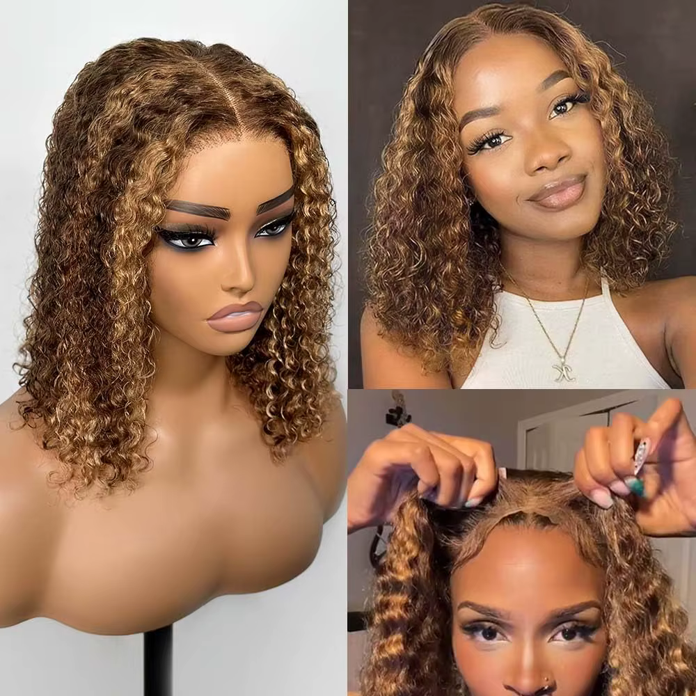 P4/27 mettre en évidence bouclés court Bob perruques cheveux humains 5x5 fermeture perruques brésili