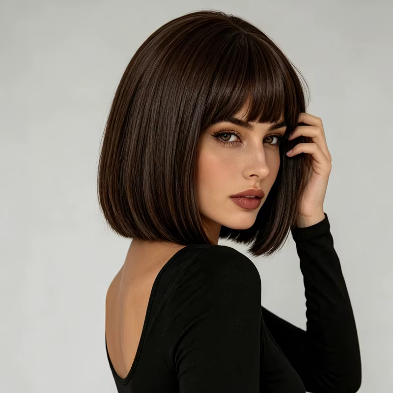 Perruque synthétique pour femme, 12 pouces, brun foncé, avec frange lisse et soignée, style décontra