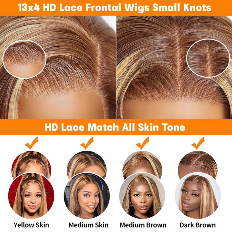 Perruque à mèches de cheveux humains 13X6 avec dentelle frontale HD, perruque droite en cheveux huma