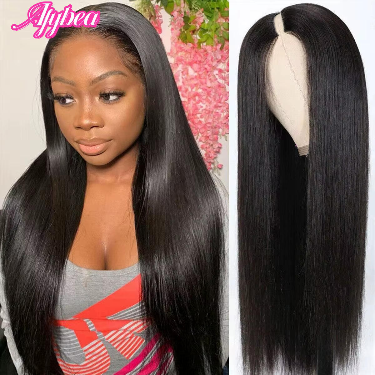 Perruque brésilienne sans colle à clipser, cheveux humains raides, densité 220, coupe en V, 16-36 po