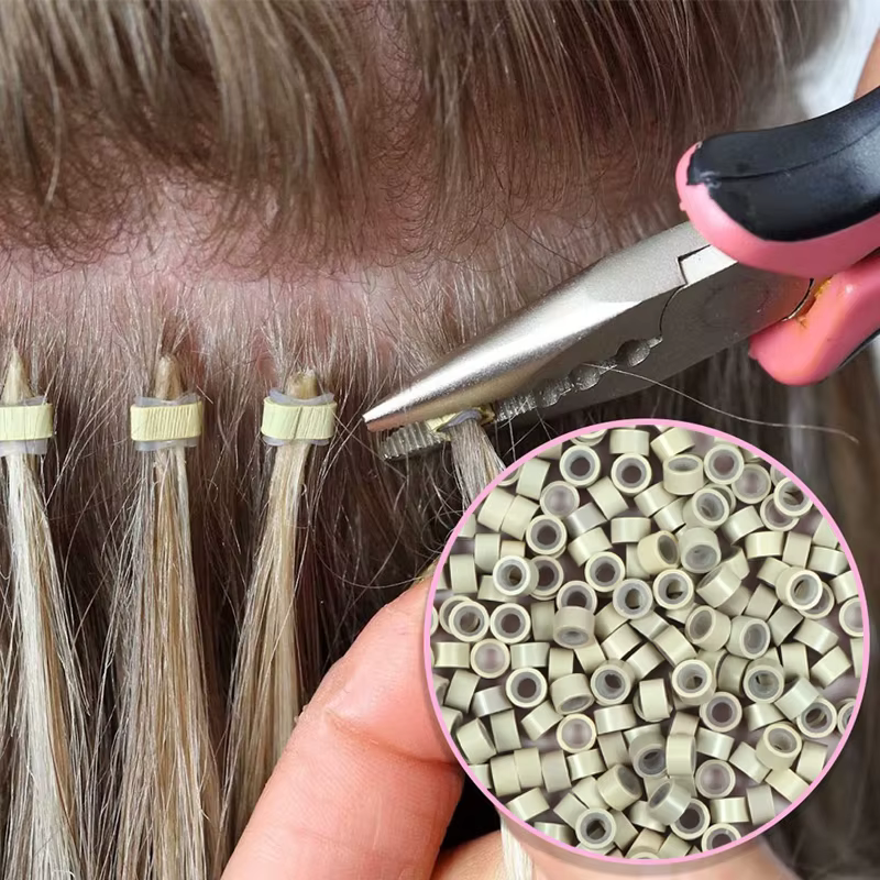 100 pièces Extensions de cheveux perles doublure en Silicone Micro anneaux Beige noir cheveux Micro