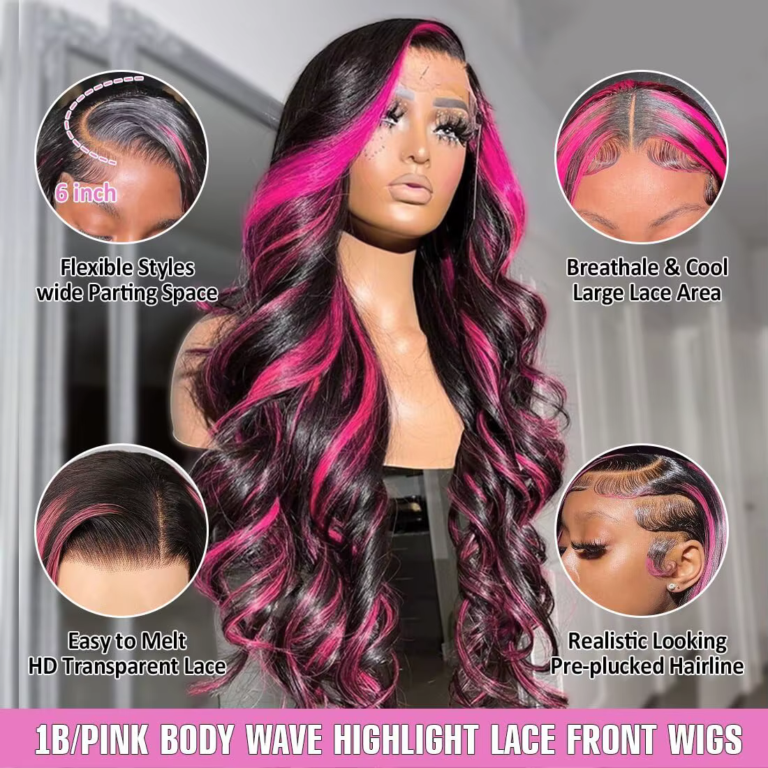 Perruque Lace Front 13x4 Ombrée Rose et Noire en Cheveux Humains, avec Mèches Rayées Rose, Perruque