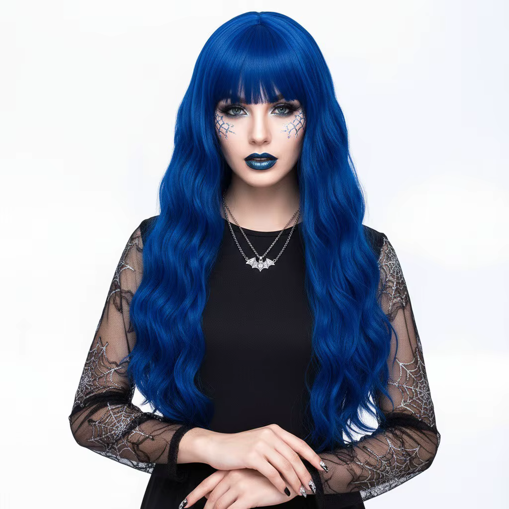MSIWIGS – perruque synthétique longue ondulée bleue Lolita pour femmes, perruque de Cosplay avec fra