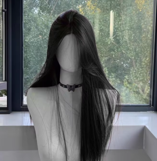 Perruque noire pour femmes, cheveux longs et lisses, bandeau, perruque Lace Front Wig, tempérament C