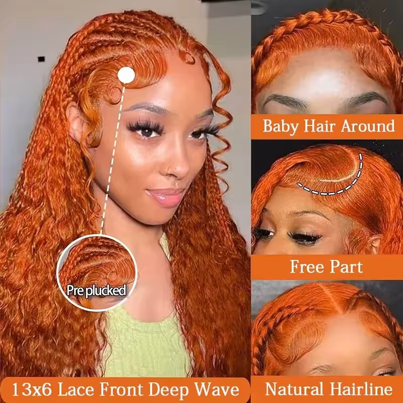 Perruque frontale bouclée Deep Wave de 36 pouces, couleur gingembre-orange, transparente 13x6 HD, en