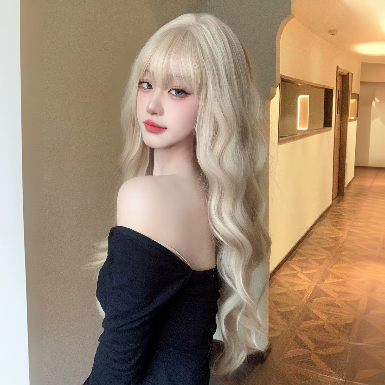 Perruque synthétique longue ondulée Blonde platine 613, avec frange, bouclée, mixte dorée, pour femm