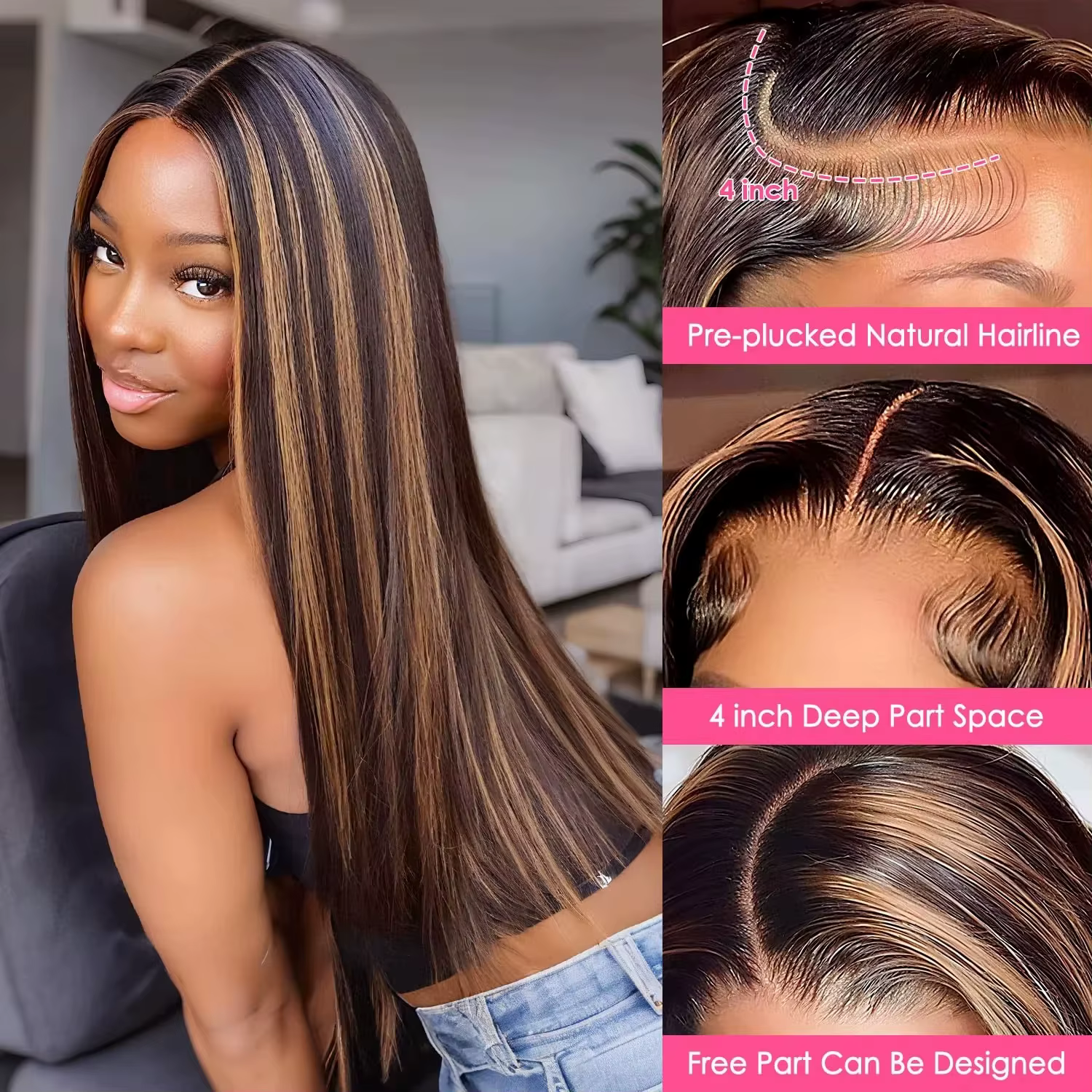 Perruque Lace Front Wig naturelle lisse sans colle, 5x5, P1B/30 ombrée, 13x6, reflets, Body Wave, 13