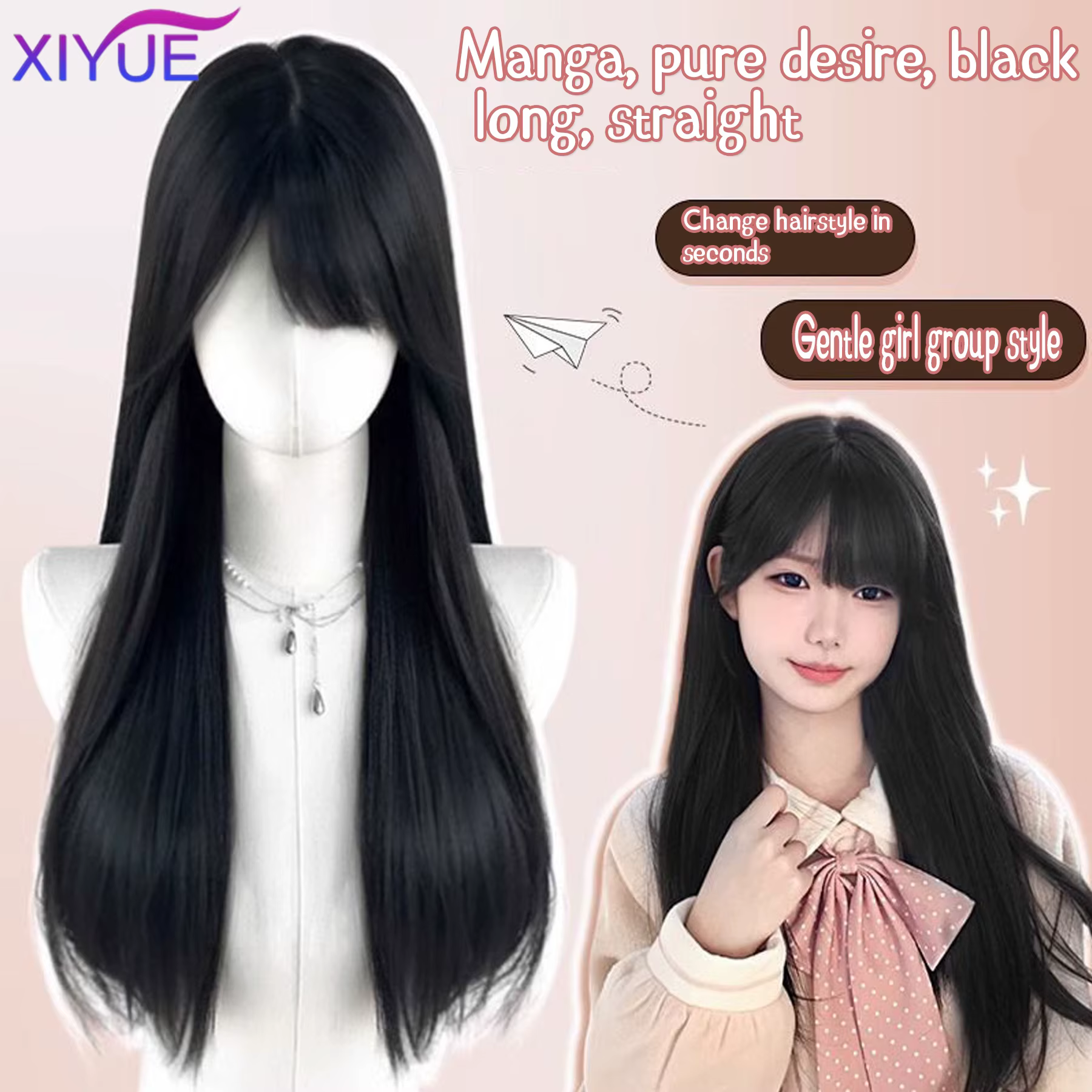 XIYUE – perruques synthétiques longues et lisses avec frange, perruques noires de fête Cosplay Lolit