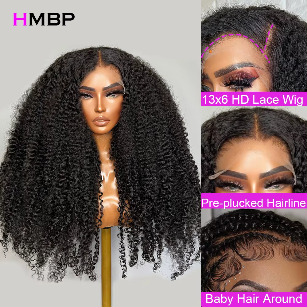 Perruque Lace Frmeds Wig 250 Remy brésilienne, cheveux crépus bouclés, 13x6, pre-plucked, sans colle
