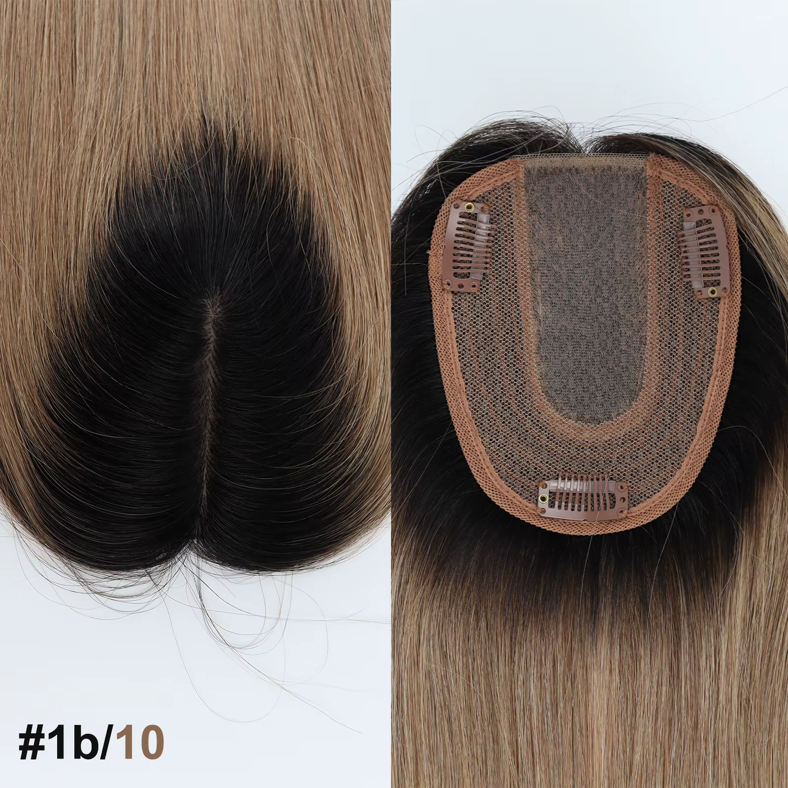 Topper capillaire 14 pouces ombré blond avec base en soie et clips, extensions de cheveux humains eu