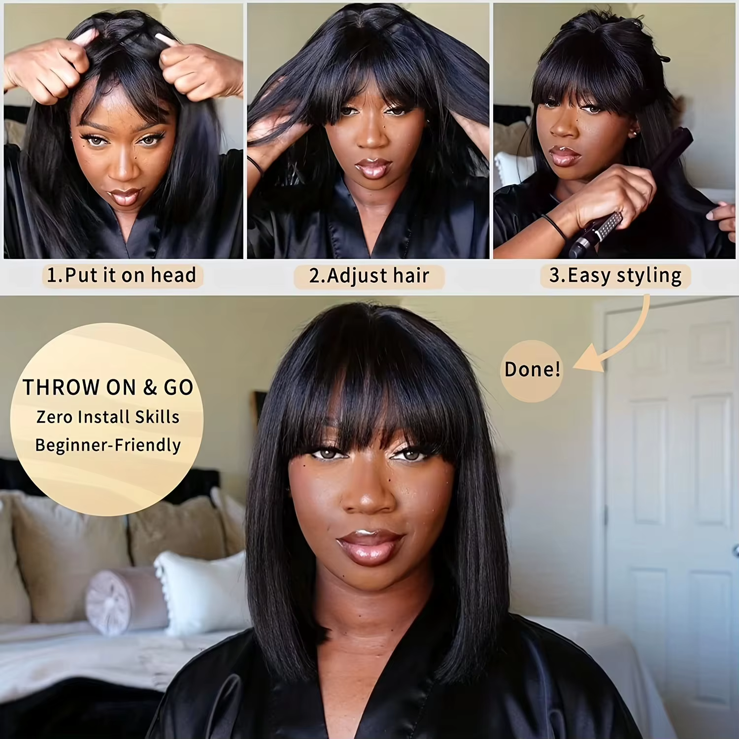 Perruques de cheveux humains droites d'os avec frange pour les femmes noires pleine Machine faite pe
