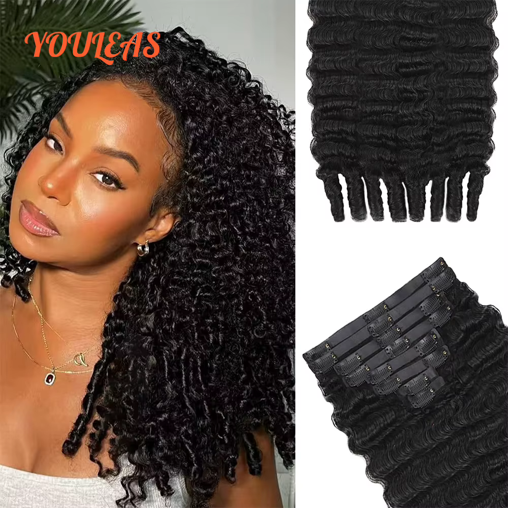 Extensions de cheveux bouclés à clipser, couleur noir naturel, pour femmes, cheveux brésiliens, poin