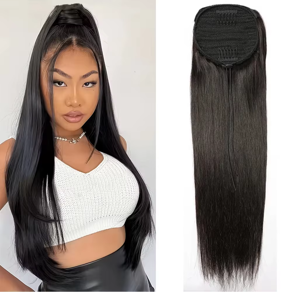 Queue de cheval en cheveux humains naturels pour femmes, avec cordon de serrage, style afro bouclé c