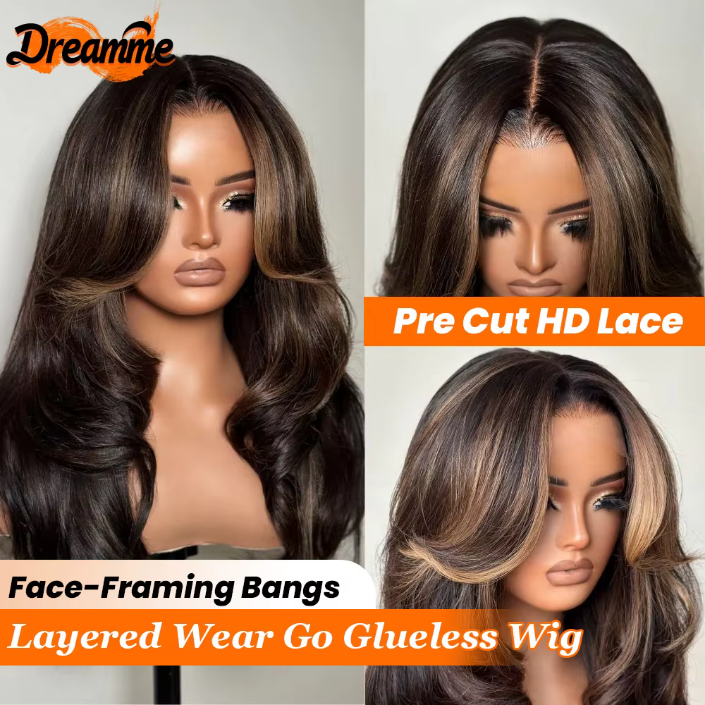 Perruques en cheveux humains sans colle 7x5 HD Lace, mèches brunes pré-coupées, prêtes à porter, 4x4