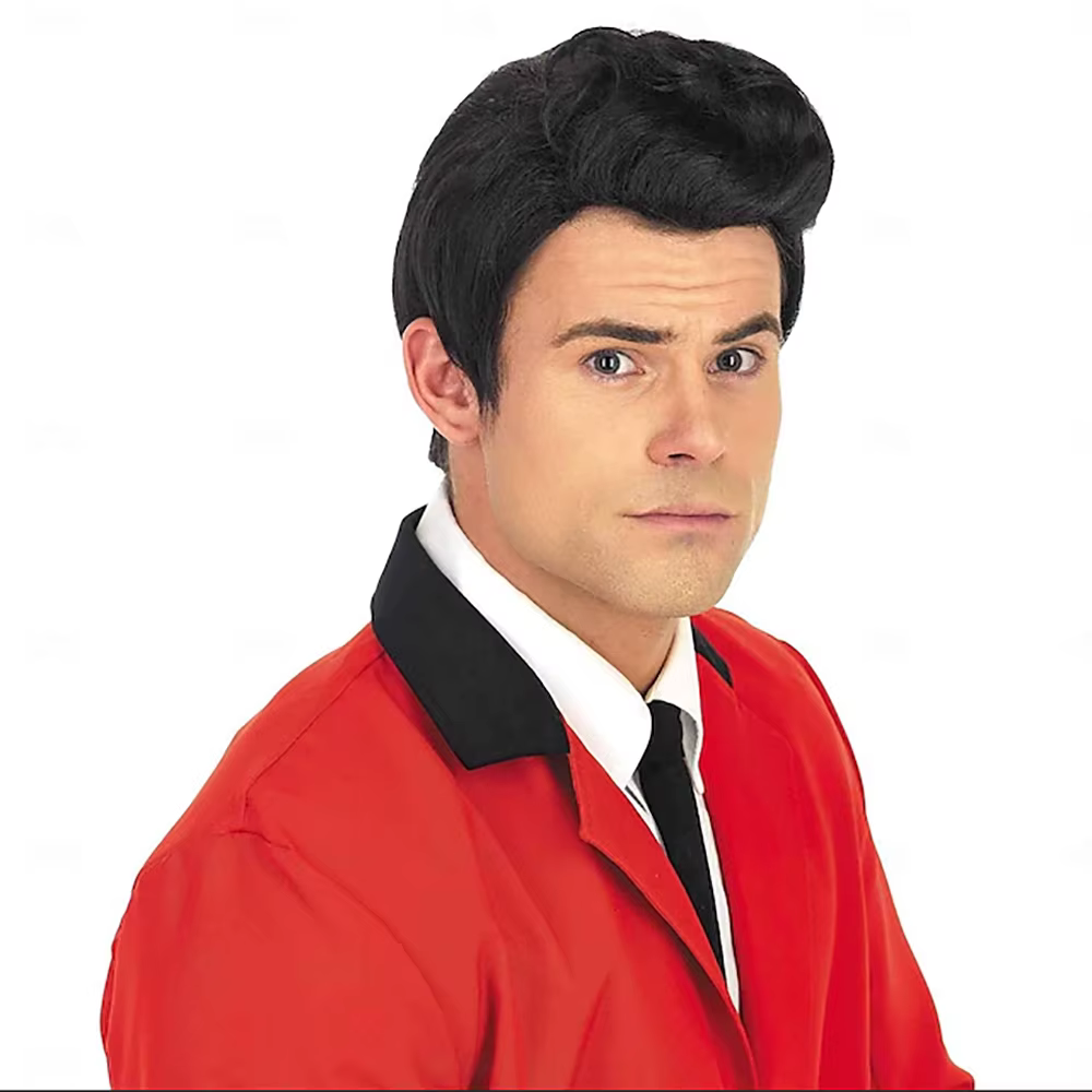 HAIRJOY cheveux synthétiques 50's hommes perruque noire perruque pour hommes 50s favoris Costume noi