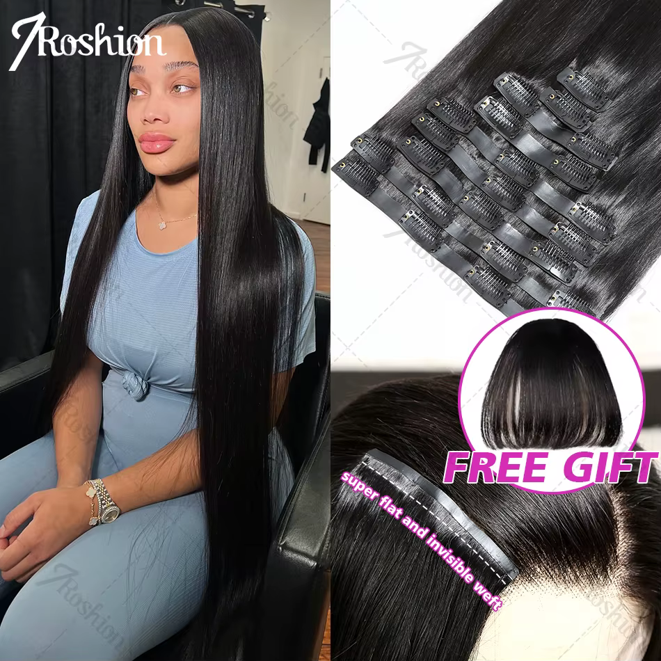 Extensions de cheveux brésiliennes lisses en PU à clipser, couleur naturelle, 140g/ensemble, cheveux