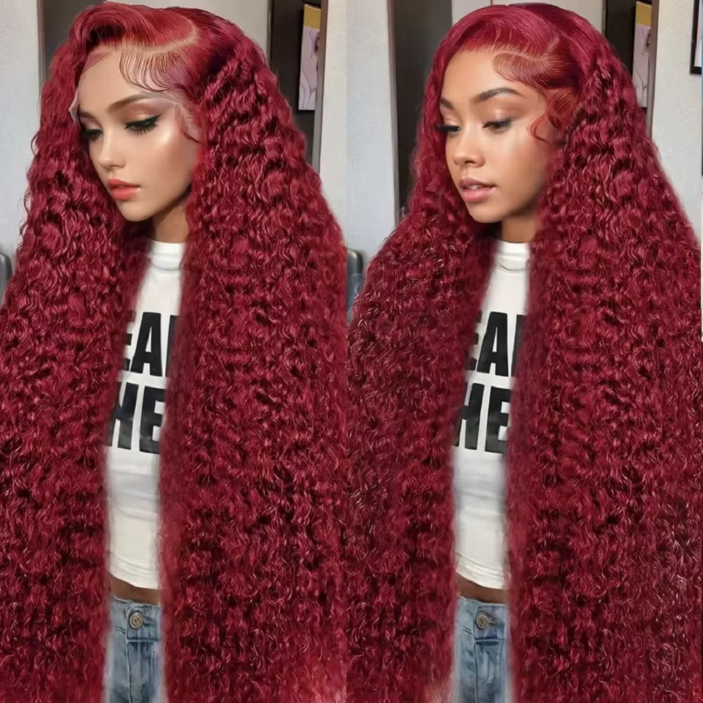Perruques Lace Frontal 13x6 Deep Curly Wave Bourgogne 99J, Densité 200, Perruque Full Lace Front HD 