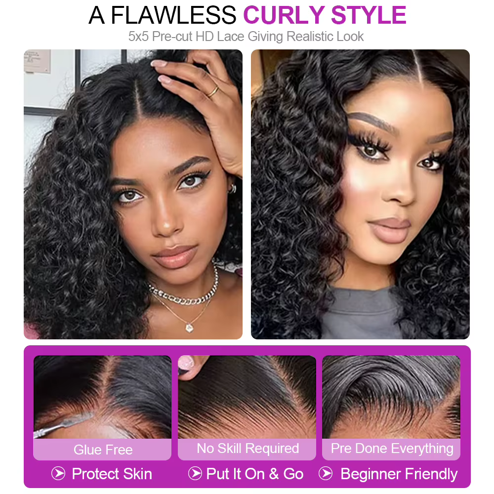 Perruque Bob courte bouclée cheveux humains vague profonde sans colle Wear And Go 13X6 Hd dentelle a