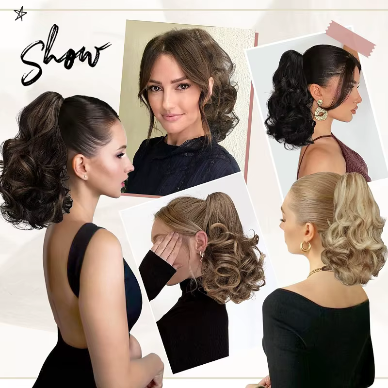 Queue de cheval bouclée courte ondulée synthétique pour femme, extension de cheveux, pince à griffe,