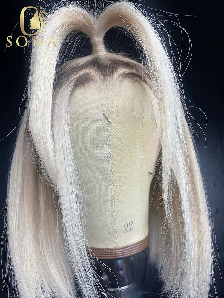 Perruque Bob Lace Front Wig naturelle brésilienne Remy, cheveux lisses, pre-plucked, racines foncées