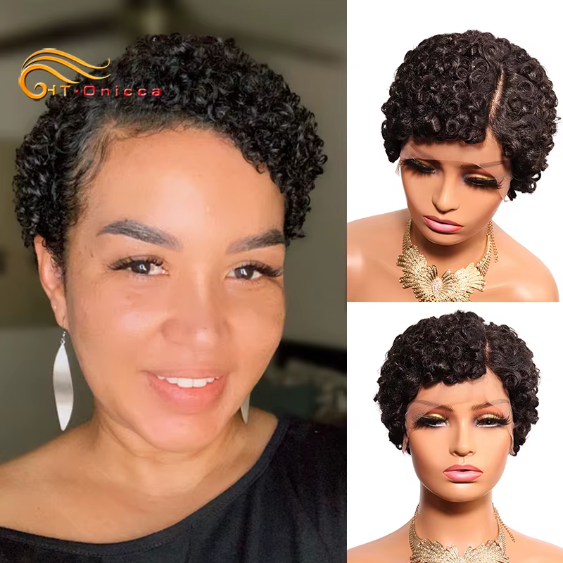 Perruque coupe lutin pour femmes cheveux bouclés dentelle avant perruques de cheveux humains courte